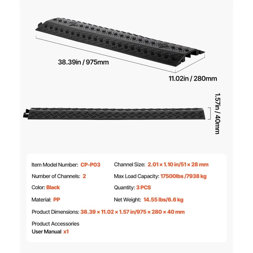 VEVOR Drop Over Cable Cover, 17,500 lbs/Axle Load Capacity, 2 Channel Heavy Duty Floor Cord Cover, Cable Hose Protector Ramp, for Indoor, High Walking Traffic Areas, Home, Office, Warehouse, 3 Pack
