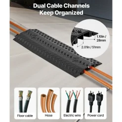 VEVOR Drop Over Cable Cover, 17,500 lbs/Axle Load Capacity, 2 Channel Heavy Duty Floor Cord Cover, Cable Hose Protector Ramp, for Indoor, High Walking Traffic Areas, Home, Office, Warehouse, 1 Pack