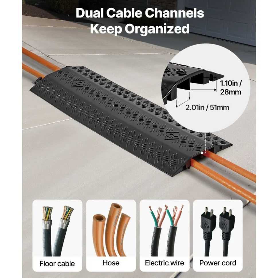VEVOR Drop Over Cable Cover, 17,500 lbs/Axle Load Capacity, 2 Channel Heavy Duty Floor Cord Cover, Cable Hose Protector Ramp, for Indoor, High Walking Traffic Areas, Home, Office, Warehouse, 1 Pack