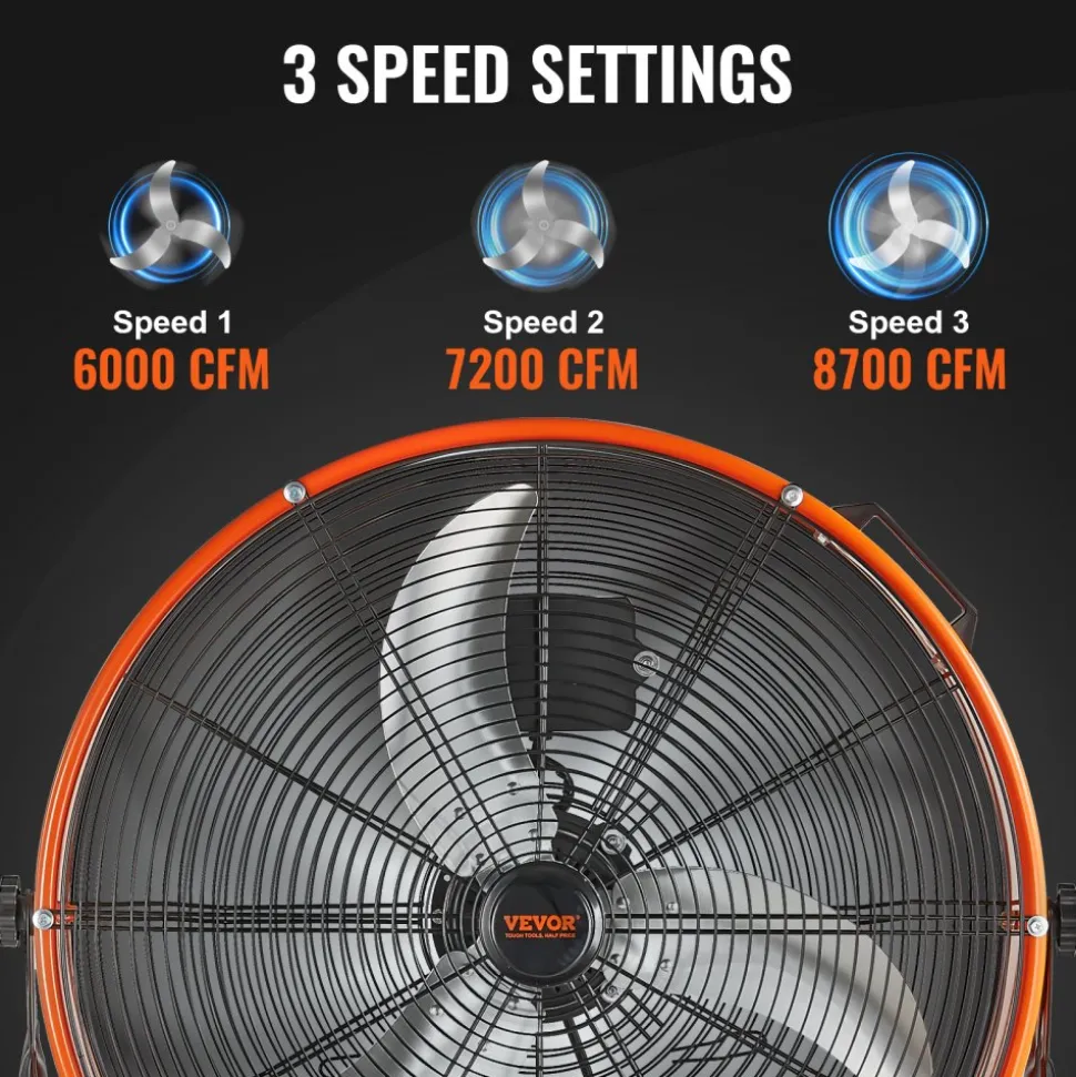 VEVOR Drum Fan, 24 Inch High Velocity Industrial Shop Fan, Heavy Duty Commercial Use 3-Speed 8600CFM, 360°Adjustable Tilting,0-2h Timer Industrial Floor Fan for Warehouse,Workshop,Factory, Basement