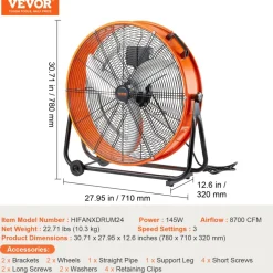 VEVOR Drum Fan, 24 Inch High Velocity Industrial Shop Fan, Heavy Duty Commercial Use 3-Speed 8600CFM, 360°Adjustable Tilting,0-2h Timer Industrial Floor Fan for Warehouse,Workshop,Factory, Basement