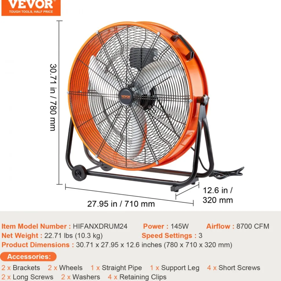 VEVOR Drum Fan, 24 Inch High Velocity Industrial Shop Fan, Heavy Duty Commercial Use 3-Speed 8600CFM, 360°Adjustable Tilting,0-2h Timer Industrial Floor Fan for Warehouse,Workshop,Factory, Basement