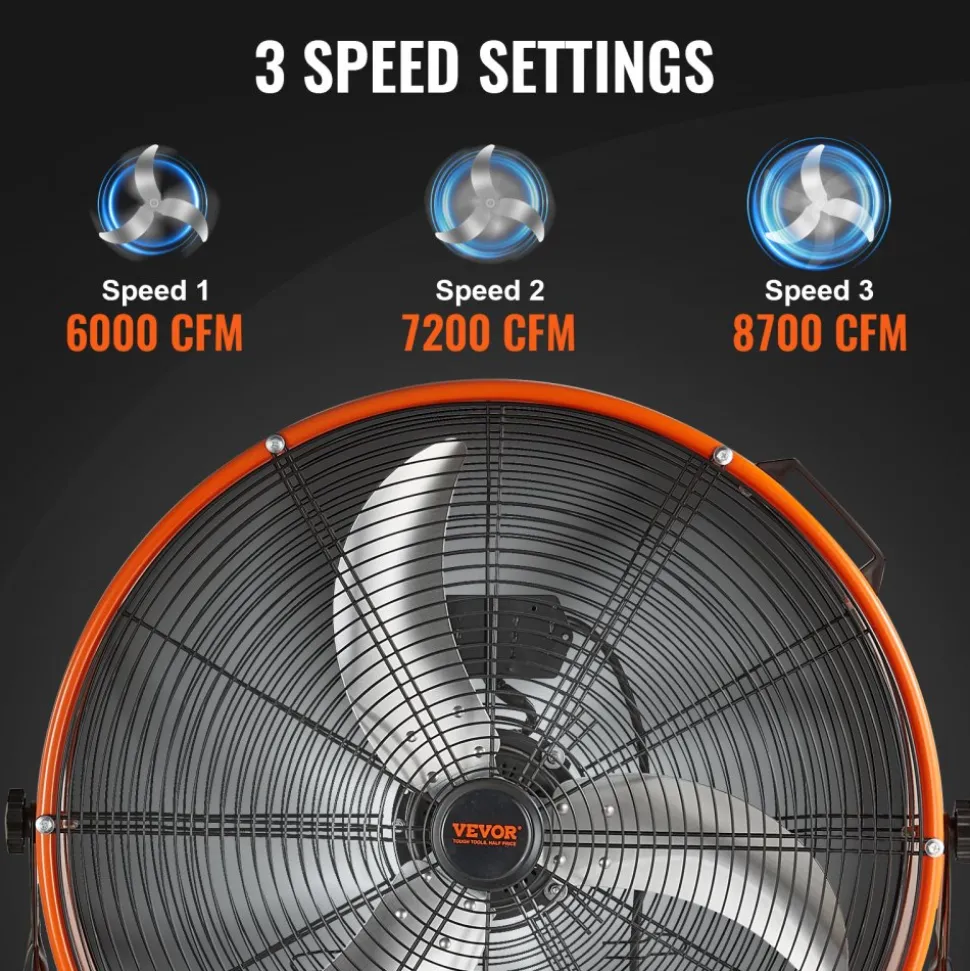 VEVOR Drum Fan, 24 Inch High Velocity Industrial Shop Fan, Heavy Duty Commercial Use 3-Speed 8600CFM, 360°Adjustable Tilting Industrial Floor Fan for Warehouse,Workshop,Factory, Basement