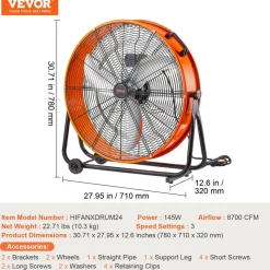 VEVOR Drum Fan, 24 Inch High Velocity Industrial Shop Fan, Heavy Duty Commercial Use 3-Speed 8600CFM, 360°Adjustable Tilting Industrial Floor Fan for Warehouse,Workshop,Factory, Basement