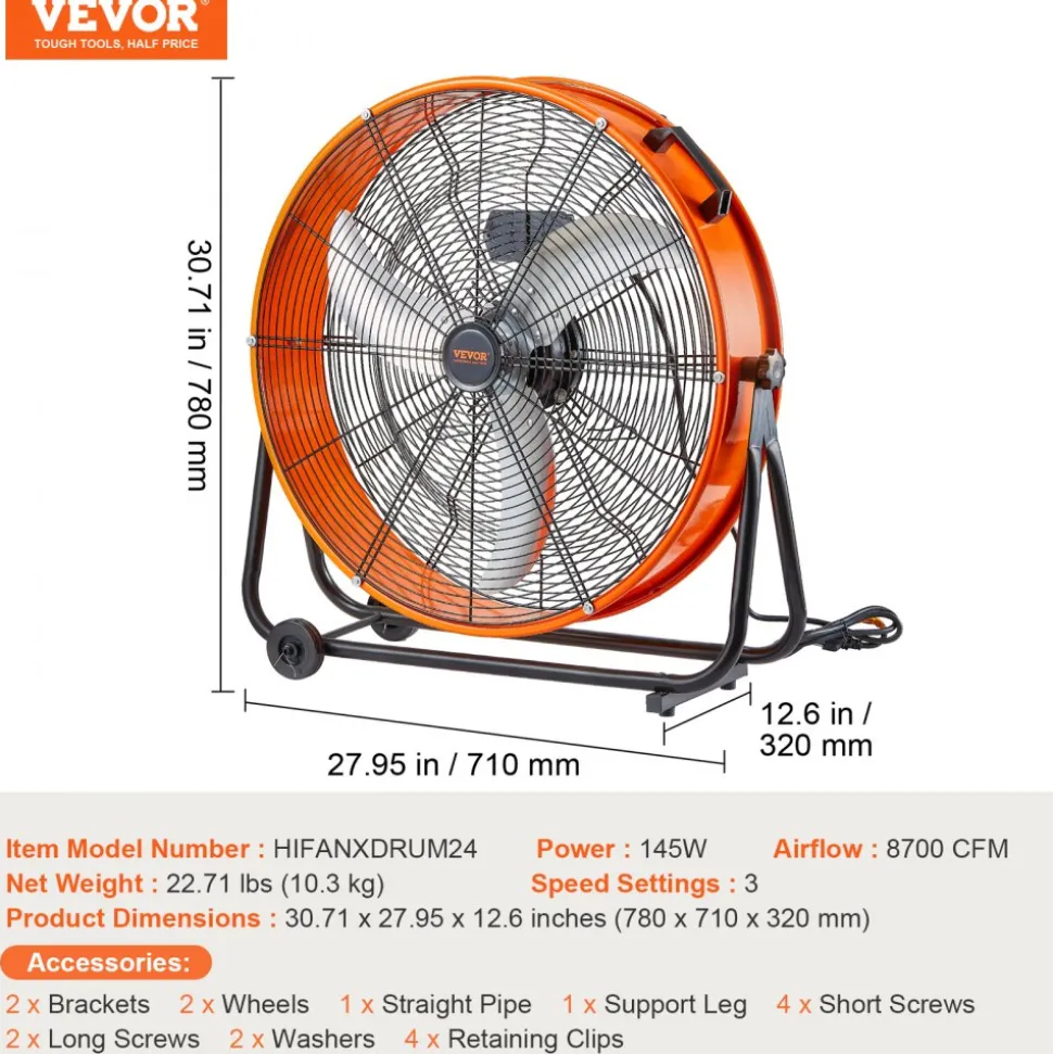 VEVOR Drum Fan, 24 Inch High Velocity Industrial Shop Fan, Heavy Duty Commercial Use 3-Speed 8600CFM, 360°Adjustable Tilting Industrial Floor Fan for Warehouse,Workshop,Factory, Basement
