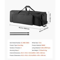 VEVOR Drum Hardware Bag with Wheels, 1680D, Drum Set Equipment Carry Bag, Carrying Case with Sturdy Handle, Durable Zipper, Smooth PVC Wheels, Multiple Pockets, for Hardware and Stand Accessory, Black