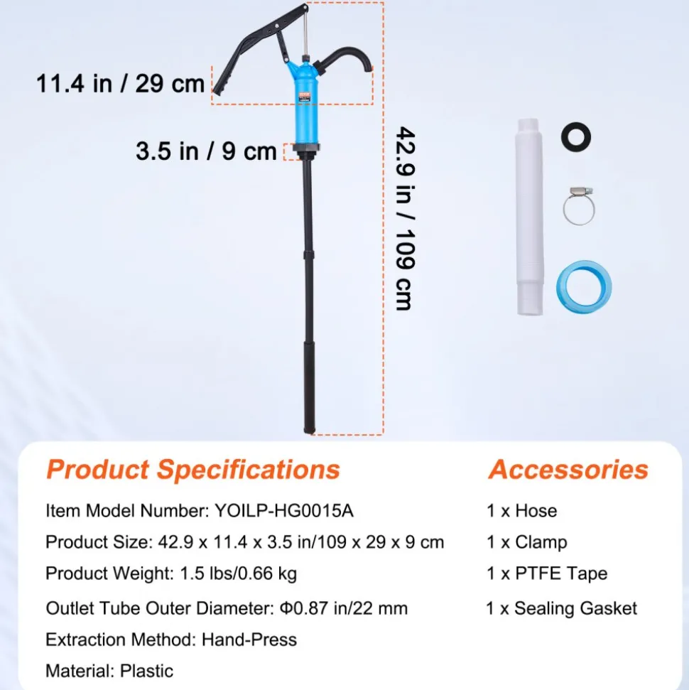 VEVOR Drum Pump, 9.5 oz. Per Stroke, Lever-Action Barrel Pump, Fits 5-55 Gallon Drums with 3-Section Suction Tube Assembly & Hose, Hand Operated, Designed to Transfer Water, Alcohol, Corrosive Liquids