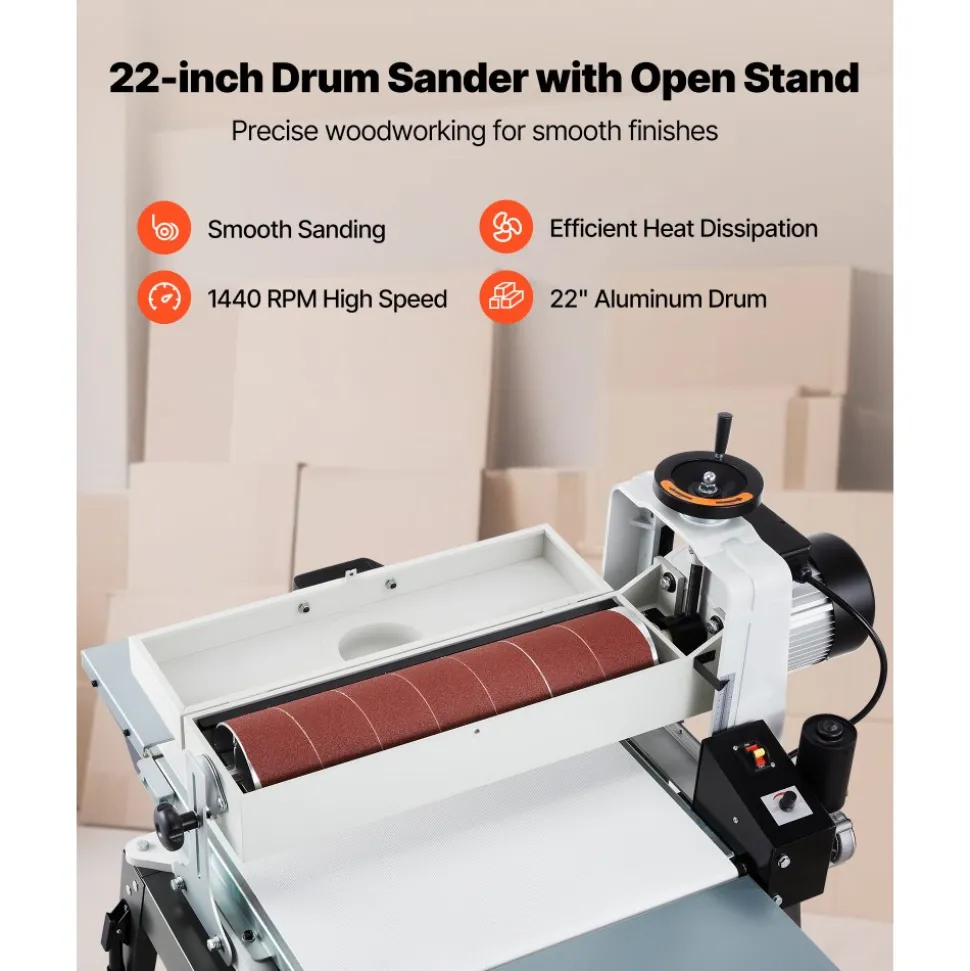 VEVOR 22" Drum Sander with Stand & Extension Tables, 1.75HP 1440RPM Dual Motor Drum Sander for Woodworking - Variable Speed Conveyor Belt, 4" Dust Collection Port for Cabinet & Furniture Finishing