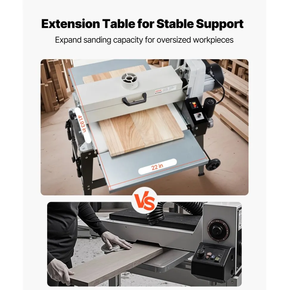 VEVOR 22" Drum Sander with Stand & Extension Tables, 1.75HP 1440RPM Dual Motor Drum Sander for Woodworking - Variable Speed Conveyor Belt, 4" Dust Collection Port for Cabinet & Furniture Finishing