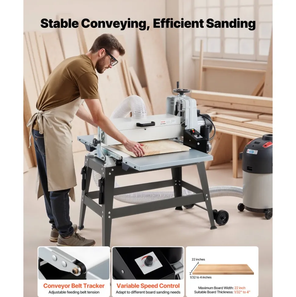 VEVOR 22" Drum Sander with Stand & Extension Tables, 1.75HP 1440RPM Dual Motor Drum Sander for Woodworking - Variable Speed Conveyor Belt, 4" Dust Collection Port for Cabinet & Furniture Finishing