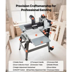 VEVOR 16" Drum Sander with Stand & Extension Tables, 1.5HP 1720RPM Dual Motor Drum Sander for Woodworking - Variable Speed Conveyor Belt, 4" Dust Collection Port for Cabinet & Furniture Finishing