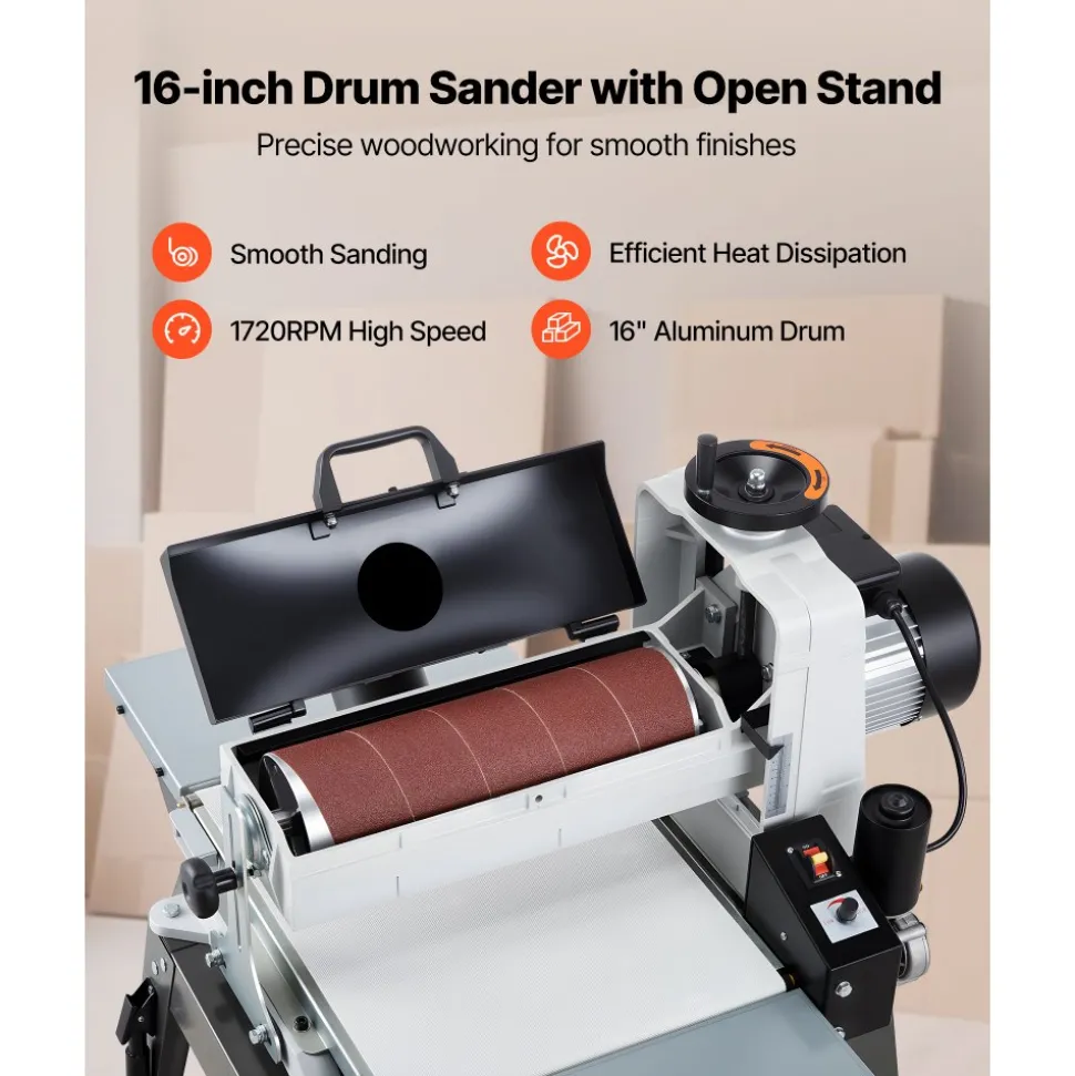 VEVOR 16" Drum Sander with Stand & Extension Tables, 1.5HP 1720RPM Dual Motor Drum Sander for Woodworking - Variable Speed Conveyor Belt, 4" Dust Collection Port for Cabinet & Furniture Finishing