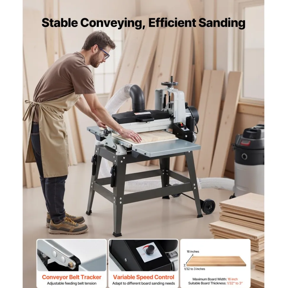 VEVOR 16" Drum Sander with Stand & Extension Tables, 1.5HP 1720RPM Dual Motor Drum Sander for Woodworking - Variable Speed Conveyor Belt, 4" Dust Collection Port for Cabinet & Furniture Finishing