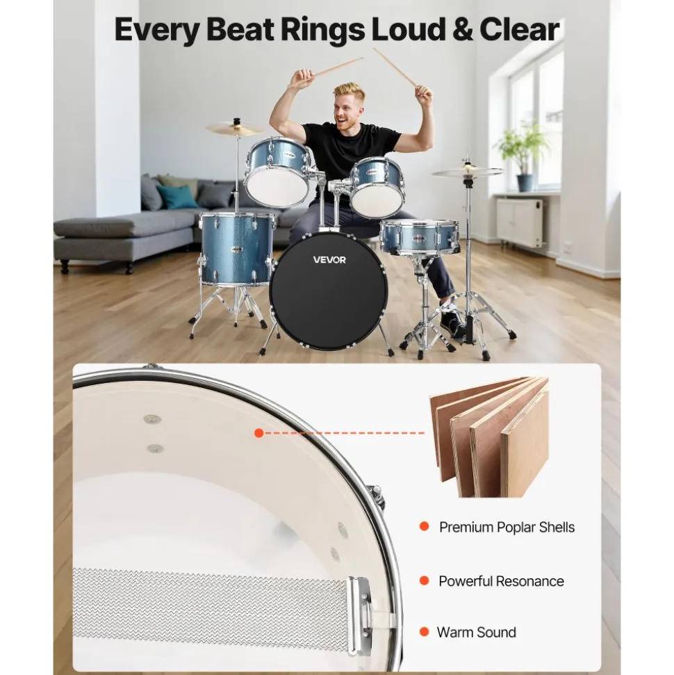 VEVOR Drum Set, 5-Piece 22 in Junior Drum Sets, Beginner Drums Set with Adjustable Throne, Cymbal, and Drumsticks, Musical Learning Drums Instrument Kit, for Beginner, Teens & Student (Gravel Blue)