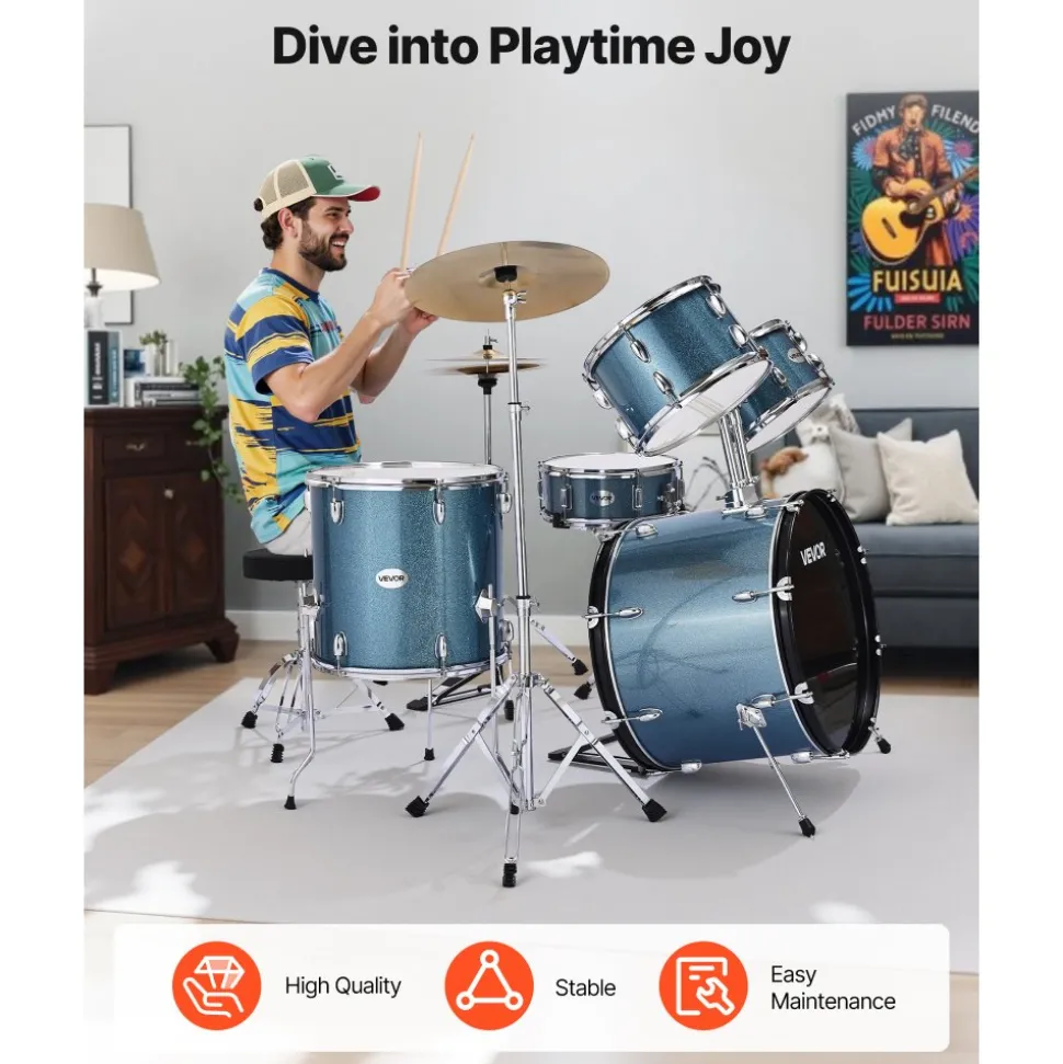 VEVOR Drum Set, 5-Piece 22 in Junior Drum Sets, Beginner Drums Set with Adjustable Throne, Cymbal, and Drumsticks, Musical Learning Drums Instrument Kit, for Beginner, Teens & Student (Gravel Blue)