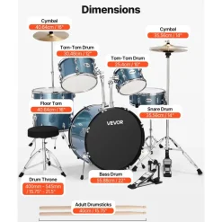 VEVOR Drum Set, 5-Piece 22 in Junior Drum Sets, Beginner Drums Set with Adjustable Throne, Cymbal, and Drumsticks, Musical Learning Drums Instrument Kit, for Beginner, Teens & Student (Gravel Blue)