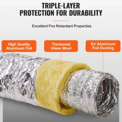 VEVOR Dryer Vent Hose, 4'' Insulated Flexible Duct 25FT Long with 2 Duct Clamps, Heavy-Duty Three Layer Protection for HVAC Heating Cooling Ventilation and Exhaust, R-6.0 Flame Resistance Value