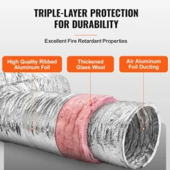 VEVOR Dryer Vent Hose, 6'' Insulated Flexible Duct 25FT Long with 2 Duct Clamps, Heavy-Duty Three Layer Protection for HVAC Heating Cooling Ventilation and Exhaust, R-6.0 Flame Resistance Value