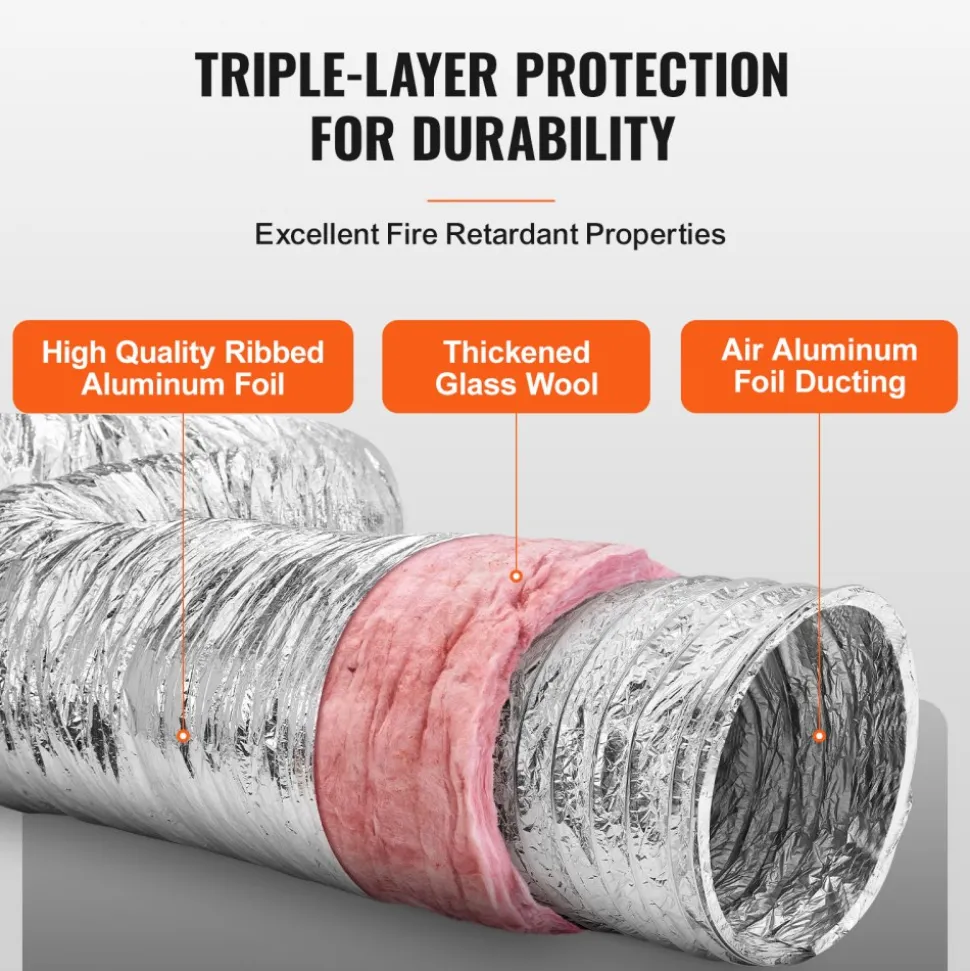 VEVOR Dryer Vent Hose, 8'' Insulated Flexible Duct 25FT Long with 2 Duct Clamps, Heavy-Duty Three Layer Protection for HVAC Heating Cooling Ventilation and Exhaust, R-6.0 Flame Resistance Value