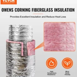 VEVOR Dryer Vent Hose, 8'' Insulated Flexible Duct 25FT Long with 2 Duct Clamps, Heavy-Duty Three Layer Protection for HVAC Heating Cooling Ventilation and Exhaust, R-6.0 Flame Resistance Value