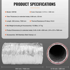 VEVOR Dryer Vent Hose, 8'' Insulated Flexible Duct 25FT Long with 2 Duct Clamps, Heavy-Duty Three Layer Protection for HVAC Heating Cooling Ventilation and Exhaust, R-6.0 Flame Resistance Value