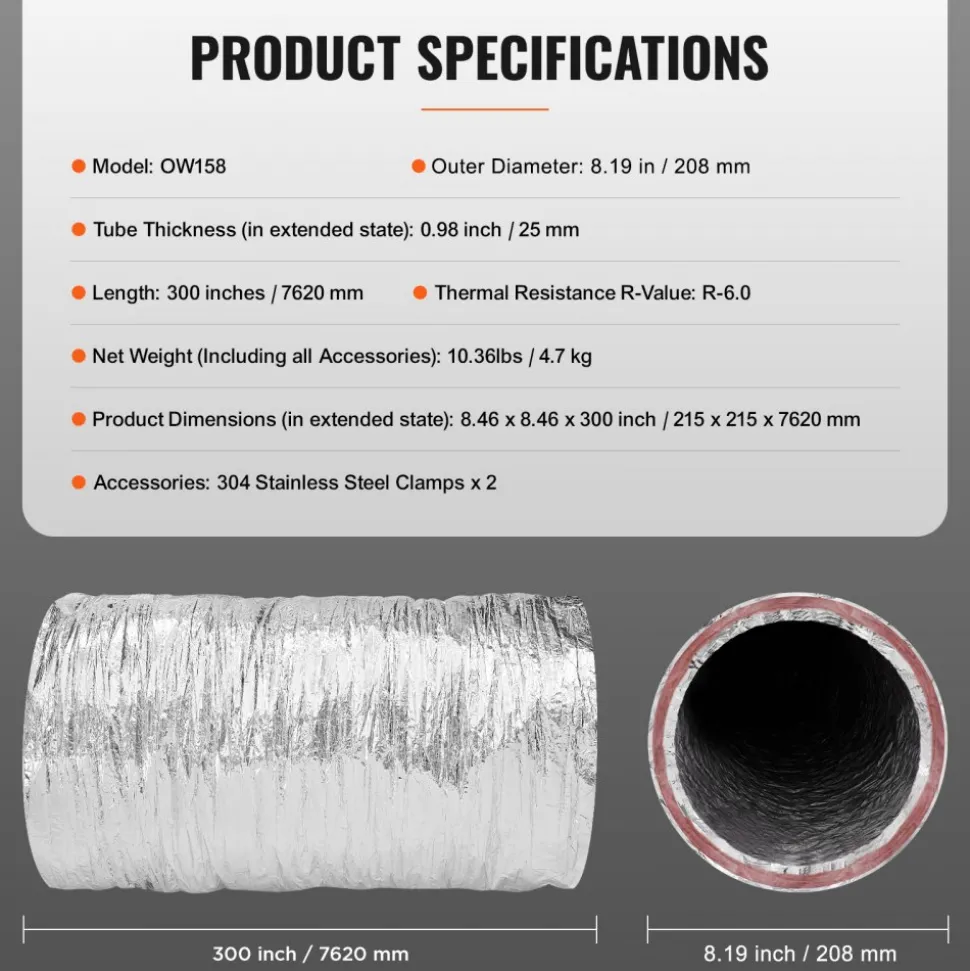 VEVOR Dryer Vent Hose, 8'' Insulated Flexible Duct 25FT Long with 2 Duct Clamps, Heavy-Duty Three Layer Protection for HVAC Heating Cooling Ventilation and Exhaust, R-6.0 Flame Resistance Value