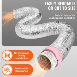 VEVOR Dryer Vent Hose, 8'' Insulated Flexible Duct 25FT Long with 2 Duct Clamps, Heavy-Duty Three Layer Protection for HVAC Heating Cooling Ventilation and Exhaust, R-6.0 Flame Resistance Value