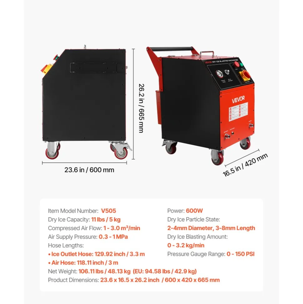 VEVOR Dry Ice Blasting Machine, 11LBS (5KG) Capacity Dry Ice Cleaning Machine with 4 Nozzles, Adjustable Pressure & Dry Ice Amount, Movable Blaster Cleaner for Automotive Ship Aviation Chemical, 120V