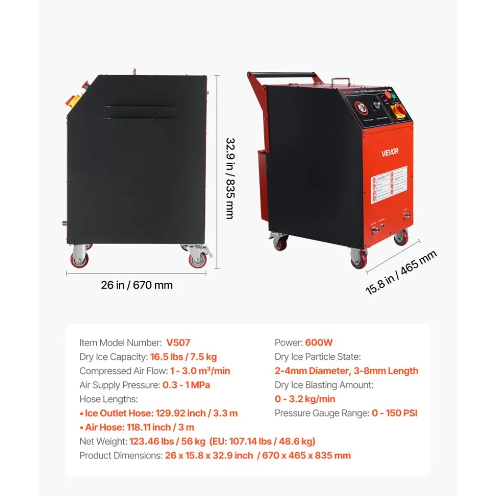 VEVOR Dry Ice Blasting Machine, 16.5LBS (7.5KG) Capacity Dry Ice Cleaning Machine with 4 Nozzles, Adjustable Pressure & Dry Ice Amount, Movable Blaster Cleaner for Auto Ship Aviation Chemical, 120V