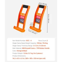 VEVOR Drywall Carrier, 2 Pack Plywood Carriers Handles, ABS Plastic Panel Carrier Tool with 176 lbs Load Bearing, Lift and Carry Panel Mover for Plywood, Drywall, Particleboard, Tempered Glass