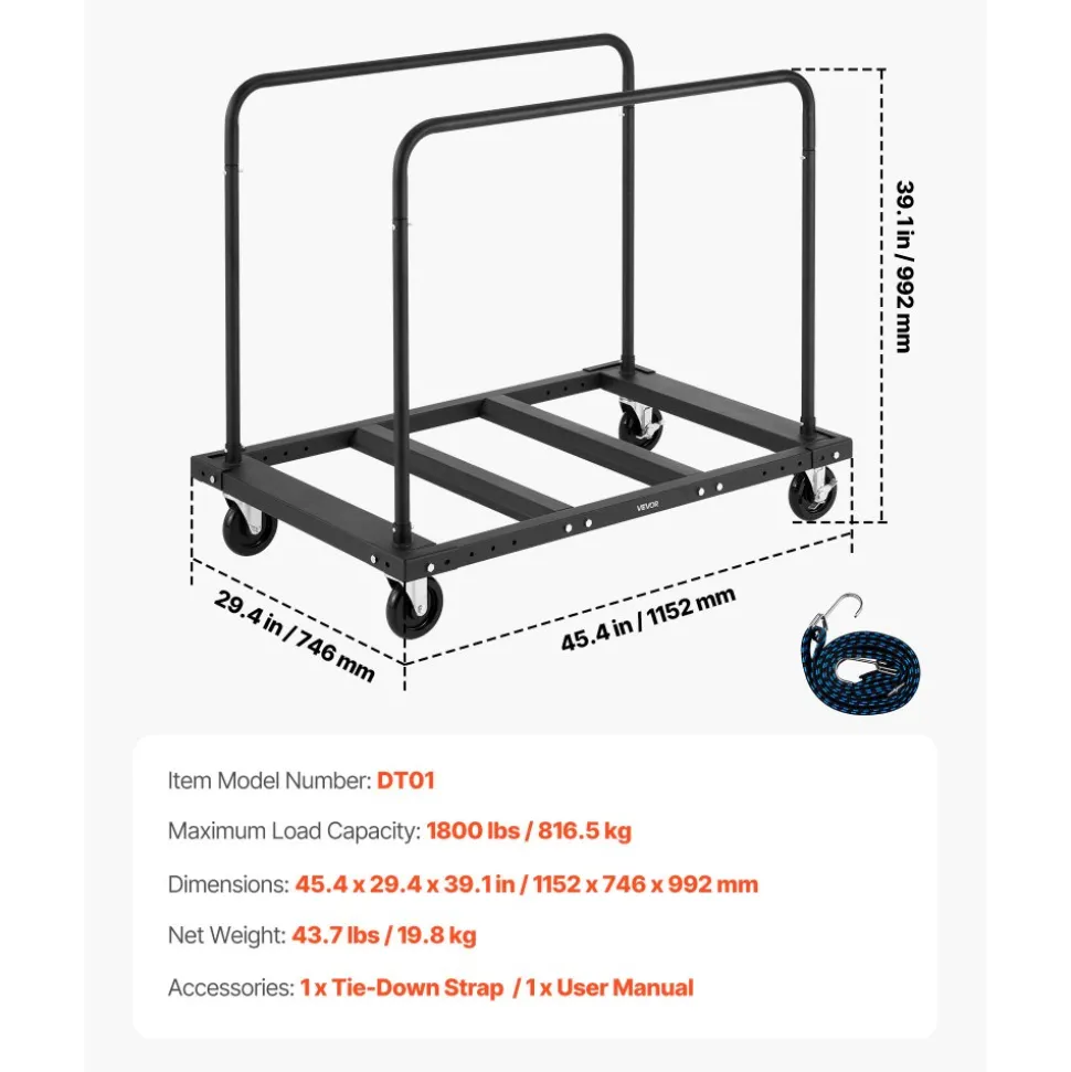 VEVOR Drywall Cart Dolly, 1800 lbs Load Capacity, Steel Panel Truck Cart with 5 inch Swivel Casters, Lumber Drywall Dolly with Tie-Down Strap & 2 Side Handrails for Factory, Warehouse, Garage, Black