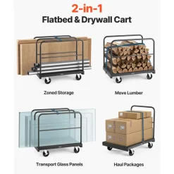 VEVOR Drywall Cart Dolly, 1800 lbs Load Capacity, 2-in-1 Steel Panel Truck Cart with 5 inch Swivel Casters, 36 x 24 inch Platform Truck with 4 Side Handrails for Factory, Warehouse, Garage, Black