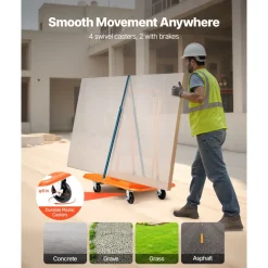 VEVOR Drywall Cart Dolly, 1800 lbs Load Capacity, Steel Panel Dolly with 4 Swivel Casters, Durable & Long-lasting, Panel Truck Cart with Tie-Down Strap for Plywood, Plasterboard, Glass, Orange