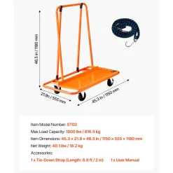 VEVOR Drywall Cart Dolly, 1800 lbs Load Capacity, Steel Panel Dolly with 4 Swivel Casters, Durable & Long-lasting, Panel Truck Cart with Tie-Down Strap for Plywood, Plasterboard, Glass, Orange