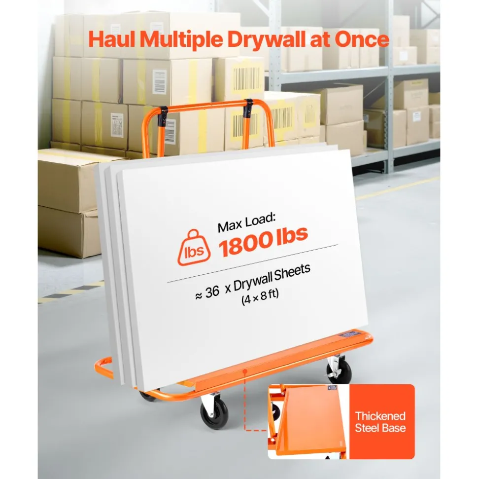 VEVOR Drywall Cart Dolly, 1800 lbs Load Capacity, Steel Panel Dolly with 4 Swivel Casters, Durable & Long-lasting, Panel Truck Cart with Tie-Down Strap for Plywood, Plasterboard, Glass, Orange