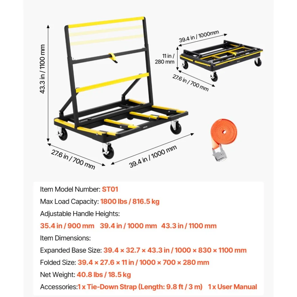VEVOR Drywall Cart Dolly, 1800 lbs Load Capacity, Steel Panel Dolly with 4 Swivel Casters & Expandable Deck, Foldable Panel Truck Cart with Tie-Down Strap for Handling Plywood, Plasterboard, Glass