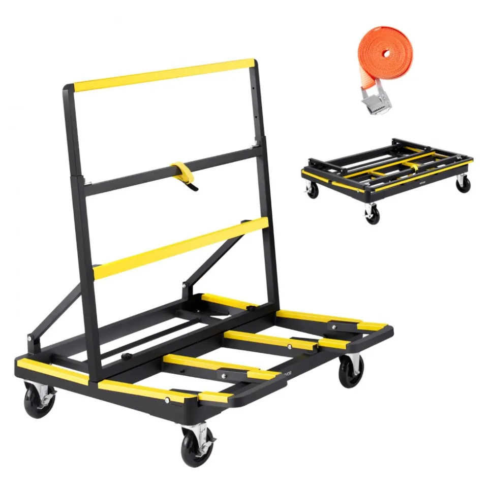 VEVOR Drywall Cart Dolly, 1800 lbs Load Capacity, Steel Panel Dolly with 4 Swivel Casters & Expandable Deck, Foldable Panel Truck Cart with Tie-Down Strap for Handling Plywood, Plasterboard, Glass