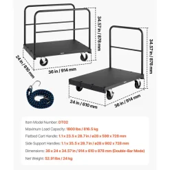 VEVOR Drywall Cart Dolly, 1800 lbs Load Capacity, 2-in-1 Steel Panel Truck Cart with 5 inch Swivel Casters, 36 x 24 inch Platform Truck with 3 Side Handrails for Factory, Warehouse, Garage, Black