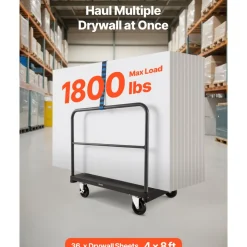 VEVOR Drywall Cart Dolly, 1800 lbs Load Capacity, 2-in-1 Steel Panel Truck Cart with 5 inch Swivel Casters, 36 x 24 inch Platform Truck with 3 Side Handrails for Factory, Warehouse, Garage, Black