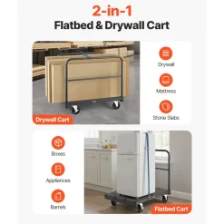 VEVOR Drywall Cart Dolly, 1800 lbs Load Capacity, 2-in-1 Steel Panel Truck Cart with 5 inch Swivel Casters, 36 x 24 inch Platform Truck with 3 Side Handrails for Factory, Warehouse, Garage, Black