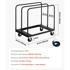 VEVOR Drywall Cart Dolly, 1800 lbs Load Capacity, Steel Panel Truck Cart with 5 inch Swivel Casters, Lumber Drywall Dolly with with Tie-Down Strap & 3 Side Handrails for Factory, Warehouse, Garage, Black