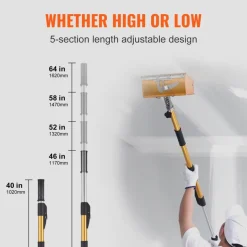 VEVOR Drywall Flat Box Handle, 40''-64'', Anodized Aluminum Flat Finishing Extension Handle, 5-Section Length Adjustable, Non-slip Grip and 360° Painting for Plasterboard, Wallboard, Sheetrock
