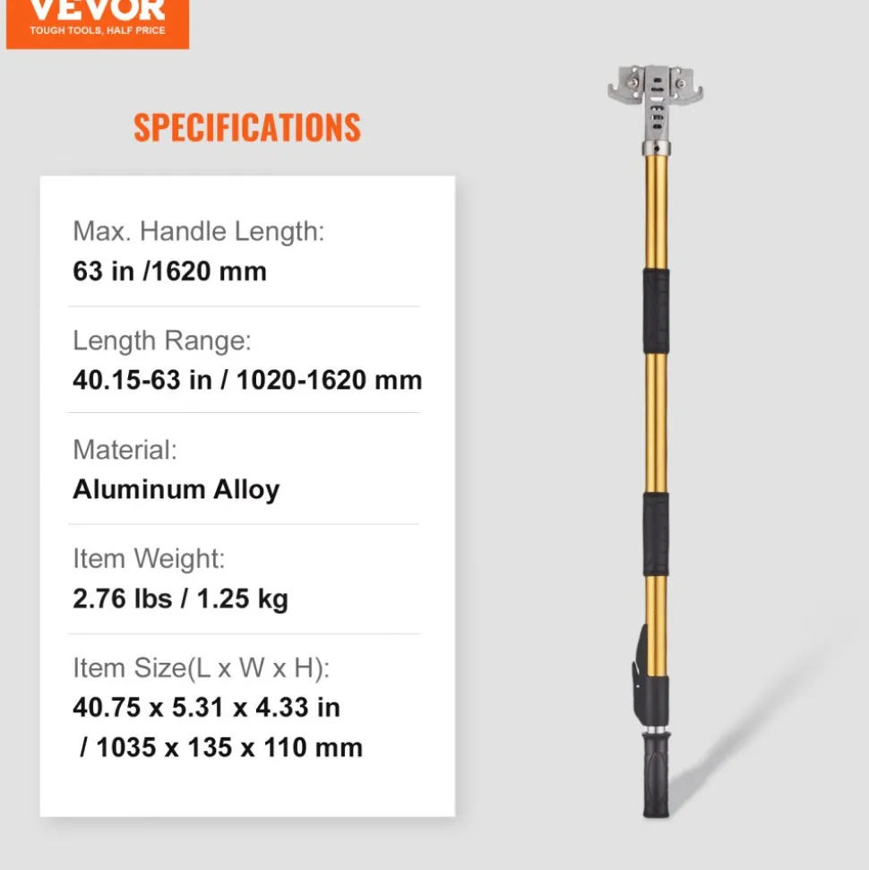 VEVOR Drywall Flat Box Handle, 40''-64'', Anodized Aluminum Flat Finishing Extension Handle, 5-Section Length Adjustable, Non-slip Grip and 360° Painting for Plasterboard, Wallboard, Sheetrock