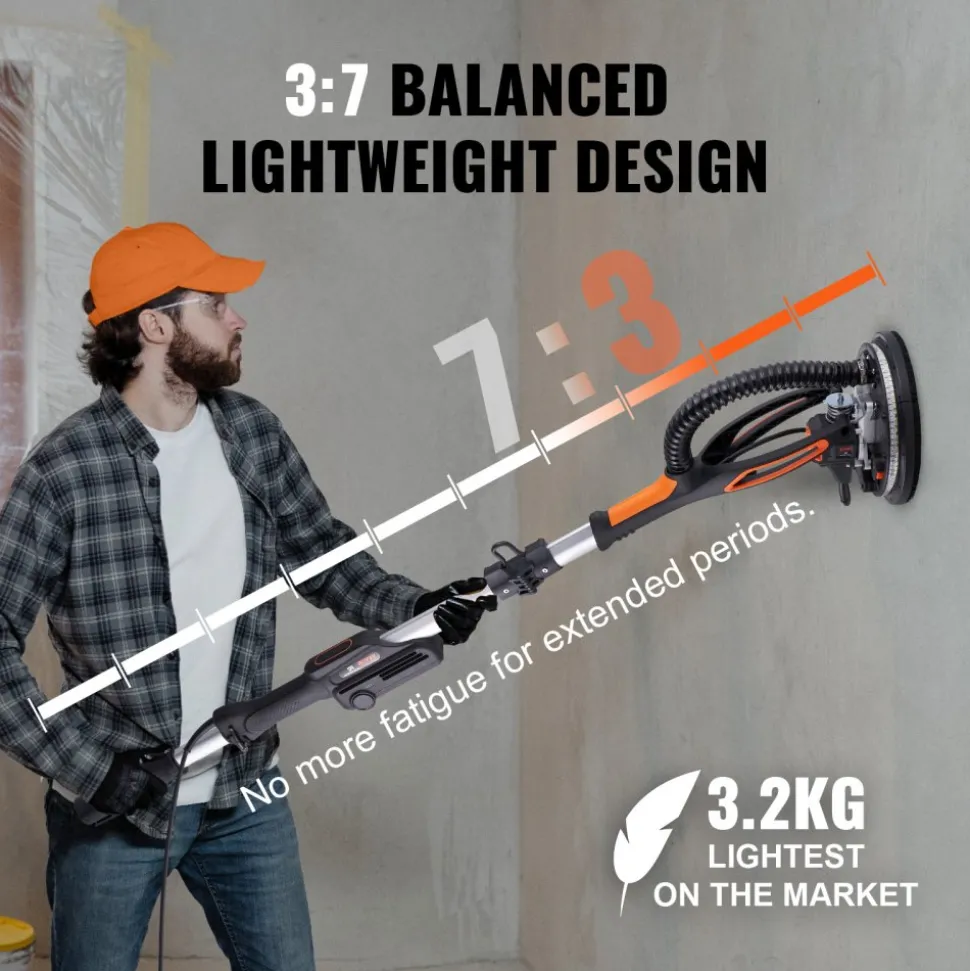 VEVOR Drywall Sander, 800W Brushless Motor Electric Sander, Variable Speed 1000-2300 RPM Wall Sander, Foldable Ceiling Sander with Double-Deck LED Lights, Extendable Handle, 12 Sanding Discs