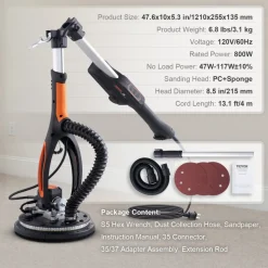VEVOR Drywall Sander, 800W Brushless Motor Electric Sander, Variable Speed 1000-2300 RPM Wall Sander, Foldable Ceiling Sander with Double-Deck LED Lights, Extendable Handle, 12 Sanding Discs