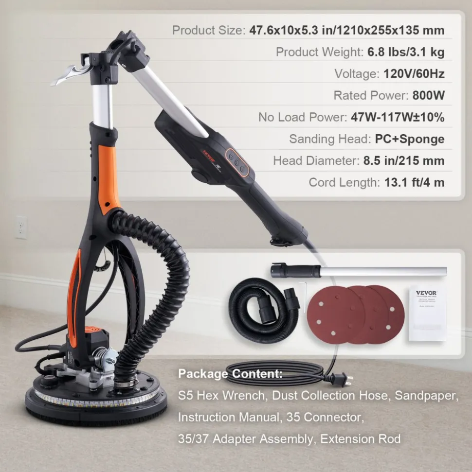 VEVOR Drywall Sander, 800W Brushless Motor Electric Sander, Variable Speed 1000-2300 RPM Wall Sander, Foldable Ceiling Sander with Double-Deck LED Lights, Extendable Handle, 12 Sanding Discs