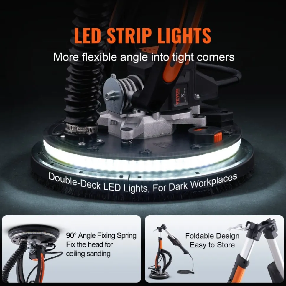 VEVOR Drywall Sander, 800W Brushless Motor Electric Sander, Variable Speed 1000-2300 RPM Wall Sander, Foldable Ceiling Sander with Double-Deck LED Lights, Extendable Handle, 12 Sanding Discs