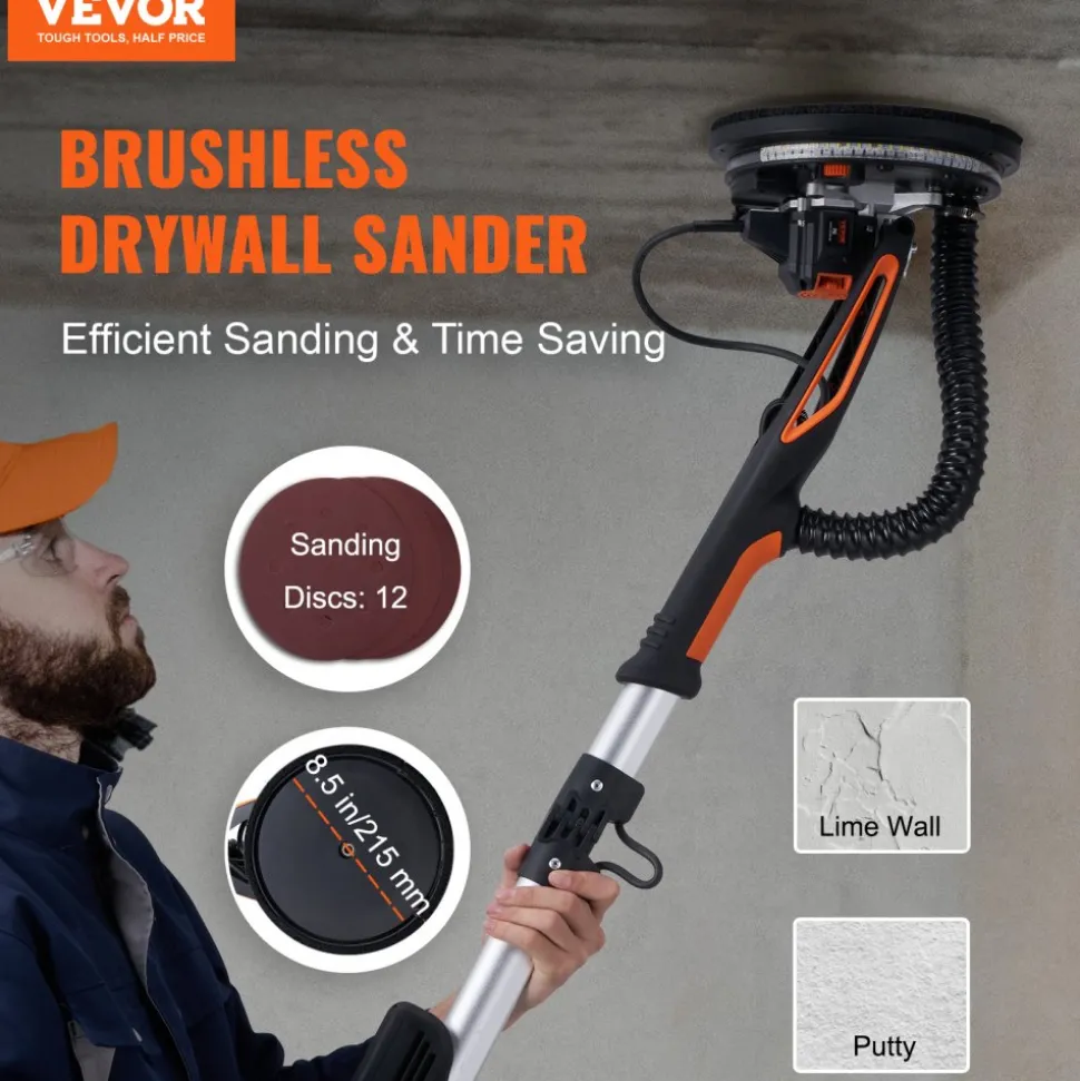 VEVOR Drywall Sander, 800W Brushless Motor Electric Sander, Variable Speed 1000-2300 RPM Wall Sander, Foldable Ceiling Sander with Double-Deck LED Lights, Extendable Handle, 12 Sanding Discs
