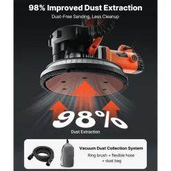 VEVOR Drywall Sander, 1150W Electric Drywall Sander, Popcorn Ceiling Removal Tool with Vacuum Dust Collection, 5 Variable Speed 800-1700 RPM, LED Light, Foldable & Extendable Handle, 15 Sanding Discs