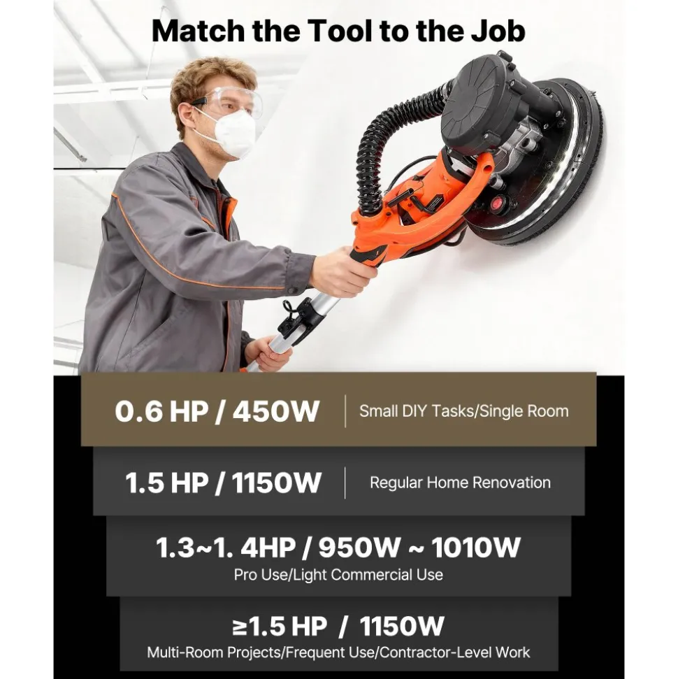 VEVOR Drywall Sander, 1150W Electric Drywall Sander, Popcorn Ceiling Removal Tool with Vacuum Dust Collection, 5 Variable Speed 800-1700 RPM, LED Light, Foldable & Extendable Handle, 15 Sanding Discs